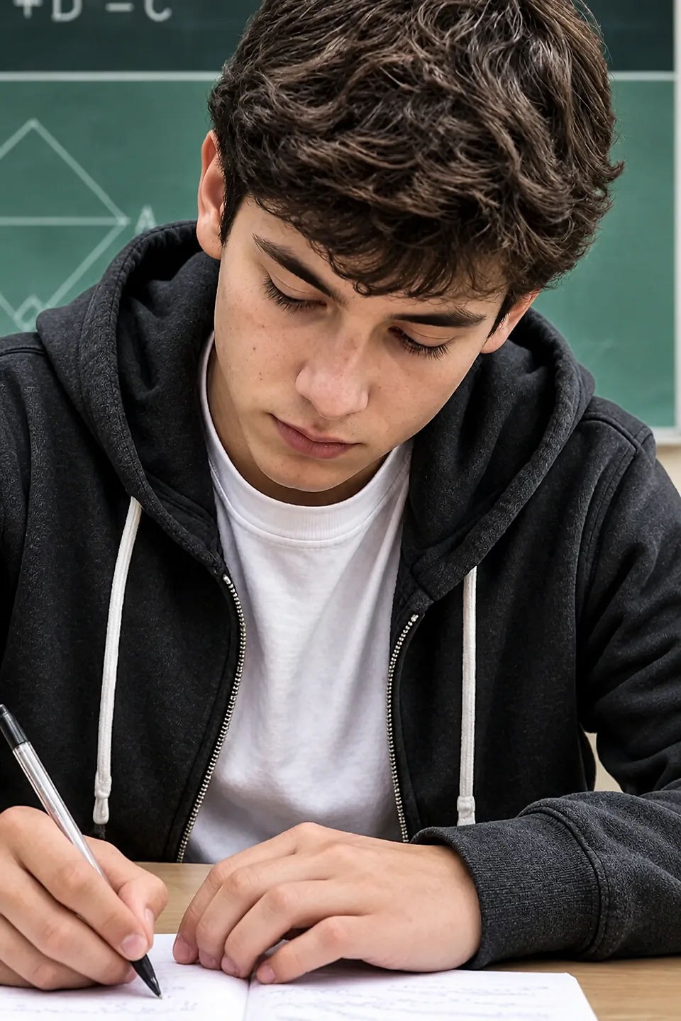 Estudante escrevendo durante atividade de matemática